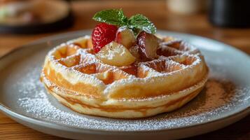 A waffle with fruit and powdered sugar on top photo