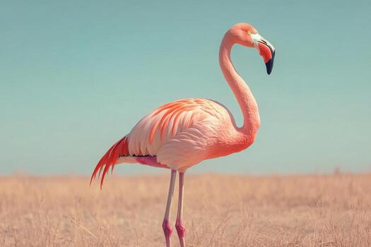 A pink flamingo standing in a field photo