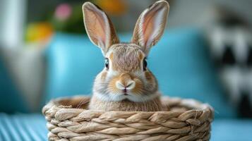 A rabbit is sitting in a basket on a blue couch photo