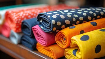 Many colorful cloths are stacked on a shelf photo
