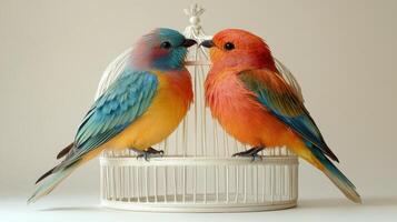 Two colorful birds are standing in a cage photo
