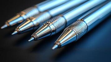 Various black writing instruments lined up on a dark surface highlighting different designs and tips photo