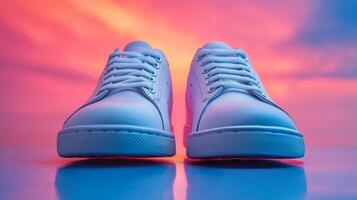 Stylish white sneakers on a colorful gradient background showcasing modern design and comfort photo