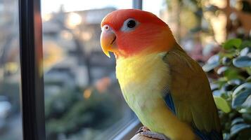 Colorful lovebird perched by a window in a bright indoor setting during daylight hours photo