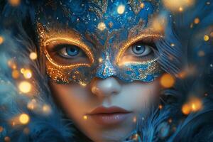 Beautiful woman wearing an elaborate blue mask with shimmering lights during a festive celebration photo