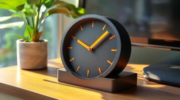 A clock sitting on a desk next to a plant photo