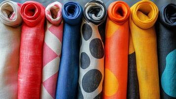 A row of colorful fabric rolls photo