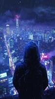 A person sitting on a ledge looking at the city at night photo
