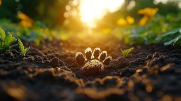 A dog's paw is in the dirt with the sun shining photo