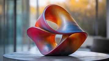 A colorful sculpture sitting on a table in front of a window photo