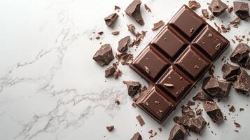 Dark chocolate bar with broken pieces on a marble surface during bright daylight photo