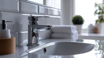 A white bathroom sink with a white faucet photo