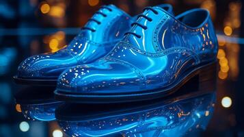 A pair of blue shoes on a reflective surface photo