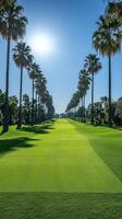 A golf course with palm trees and grass photo