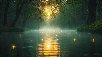 Serene autumn sunrise over tranquil lake with colorful foliage reflecting on water photo