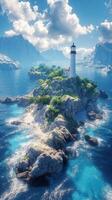 A lighthouse on an island surrounded by water photo