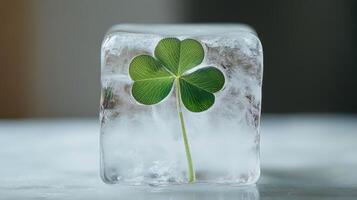 A four leaf clover is sitting on top of an ice cube photo