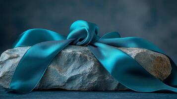 A blue ribbon wrapped around a rock photo