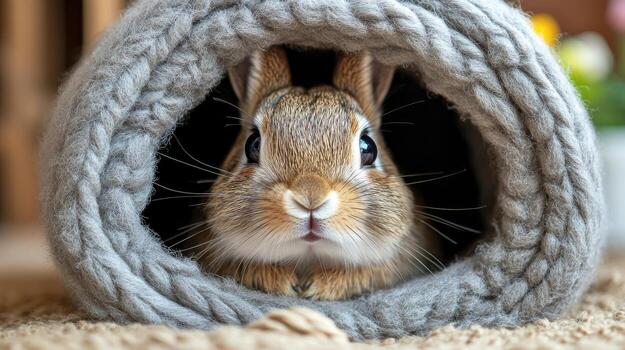A small rabbit is sitting inside a grey and white knit tunnel photo