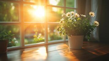 A flower pot sitting on a window sill with the sun shining through photo