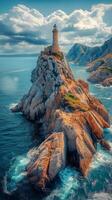 A lighthouse on a rocky island in the ocean photo