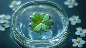 A four leaf clover in a glass of water photo