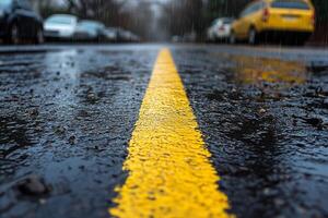 A yellow line on the wet road photo