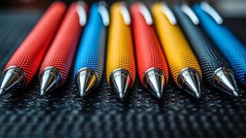 A group of pens sitting on a table photo