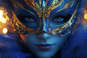 A woman with blue eyes and a blue mask photo
