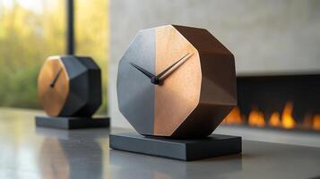 Two clocks sitting on a table in front of a fireplace photo