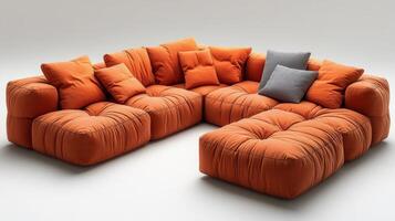 An orange sectional couch with pillows on it photo