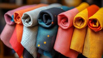 A row of colorful scarves hanging on a rack photo