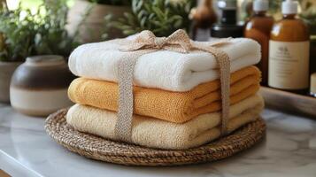 A stack of towels wrapped in a wicker basket photo