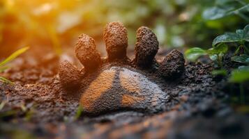 A bear paw is in the mud with the sun shining photo