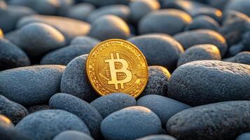 Bitcoin on rocks with sunlight photo
