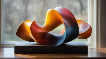 A colorful sculpture sitting on a wooden table photo