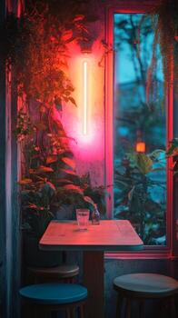 A table and chairs in front of a window with a neon sign photo