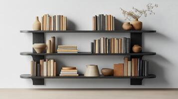 A shelf with books and vases on it photo