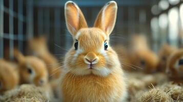 A small rabbit is sitting in a cage photo