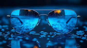Blue sunglasses on a rainy night photo