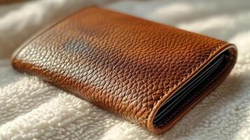 A brown leather wallet laying on a blanket photo