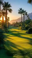 A golf course with palm trees and mountains at sunset photo