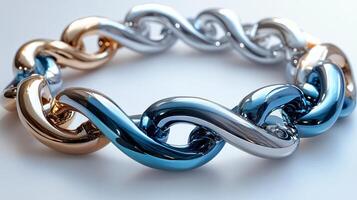 A bracelet with a link design in blue, silver and gold photo