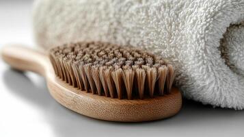 A brush and a towel sitting next to each other photo