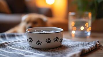 A cup of water with paw prints on it sits on a table photo