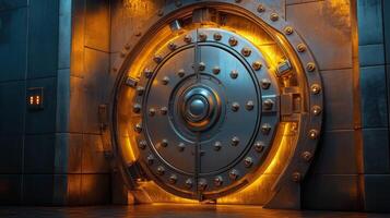 A large metal door with a glowing light photo