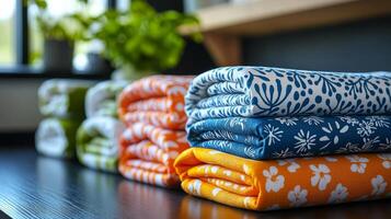 A stack of folded towels on a table photo