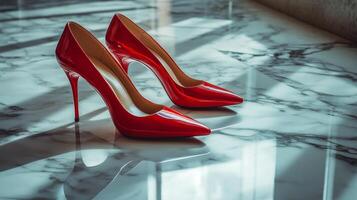 A pair of red high heeled shoes on a marble floor photo