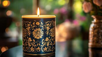 A candle with a blue and gold design on it photo