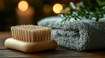 A brush and a towel sitting on a wooden table photo